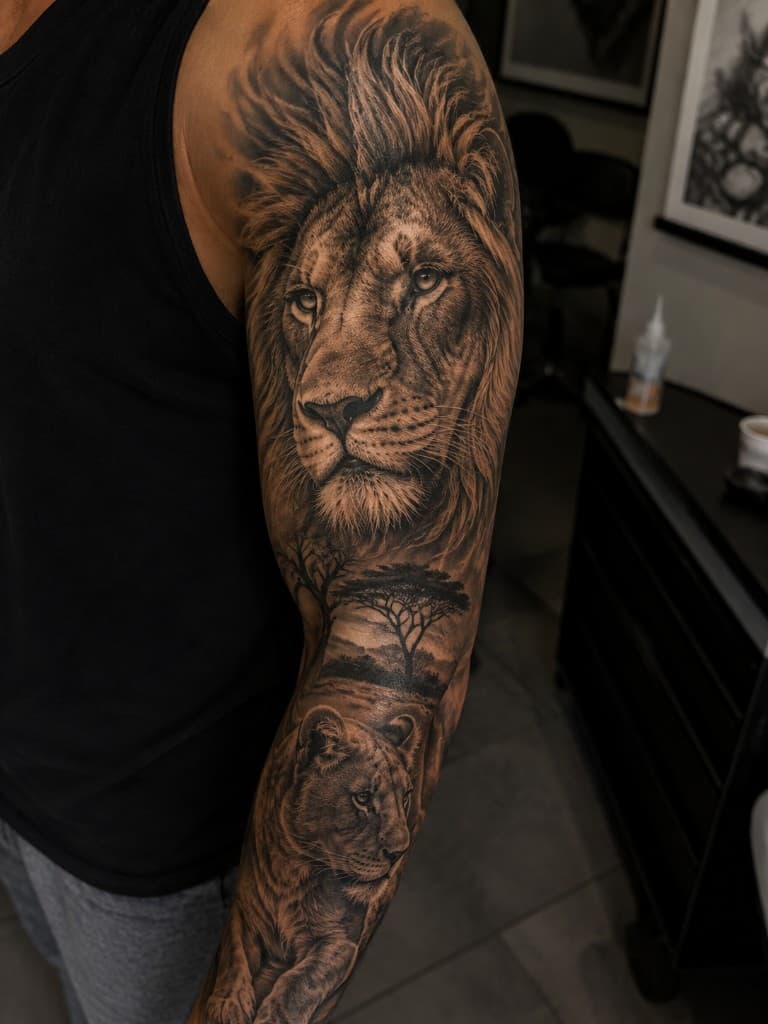 Realistic lion tattoo on the arm