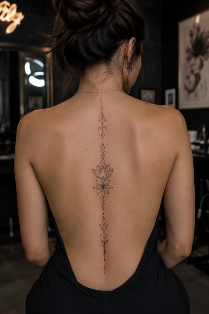 Omurga üzerinde lotus fine line dövme, INK SELEN İstanbul stüdyosu
