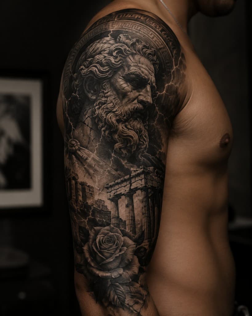 Black and grey mythological tattoo on the upper arm